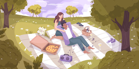 Romantic couple nature flat composition with lovers had a picnic in the park on a blanketのイラスト素材