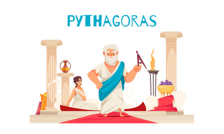 Pithagoras composition with doodle character of ancient greek mathematician pythagor with columns red carpet and text vector illustrationのイラスト素材