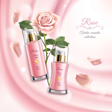 Rose cosmetics realistic background with two tubes of cream blooming flower and petals vector illustrationのイラスト素材
