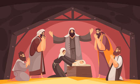 Bible narratives christmas composition with characters of wise men of east praying people and holy mother vector illustrationのイラスト素材