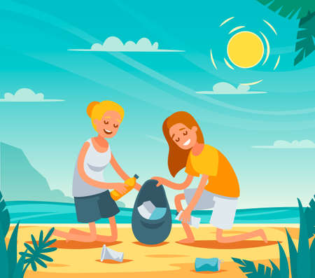 Beach cleanup flat composition with volunteers collecting washed up rubbish bottles drinking beakers plastic junk vector illustrationのイラスト素材
