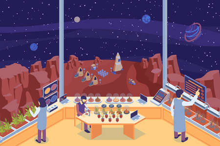 Colored isometric mars colonization laboratory composition with three scientists at the lab vector...