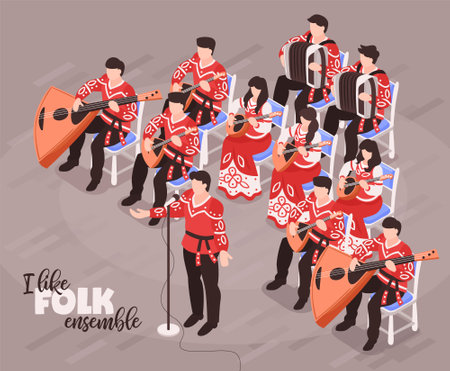 Folk ensemble performance isometric compositions with singer and musicians playing traditional instruments in national costumes vector illustrationのイラスト素材