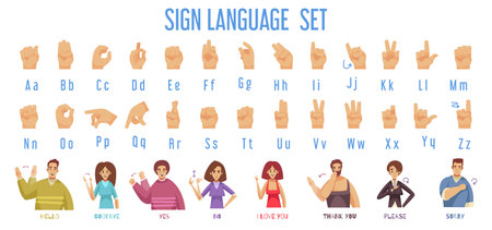 Sign language set with deaf hand set symbols flat isolated vector illustrationのイラスト素材