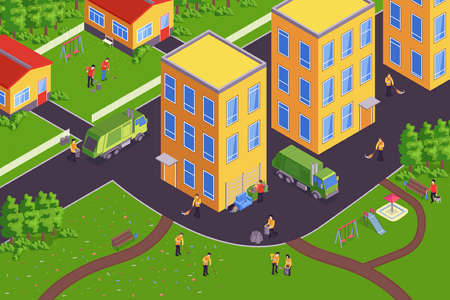 Isometric garbage composition with cleaning street sweep collect garbage clean the leaves vector illustrationのイラスト素材