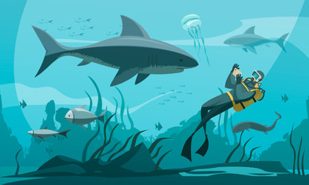 Scuba diving underwater adventures composition with person in wetsuit snorkel fins photographing shark comics style vector illustrationのイラスト素材