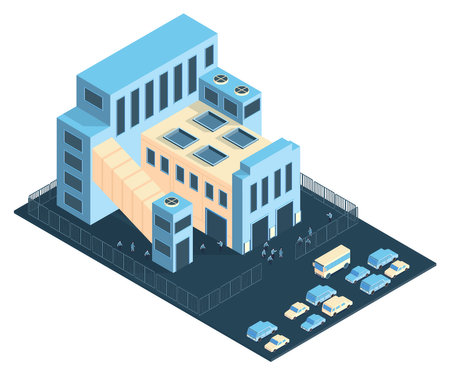 Isometric industrial plant factory composition with view of plant buildings fence zone and cars with people vector illustrationのイラスト素材