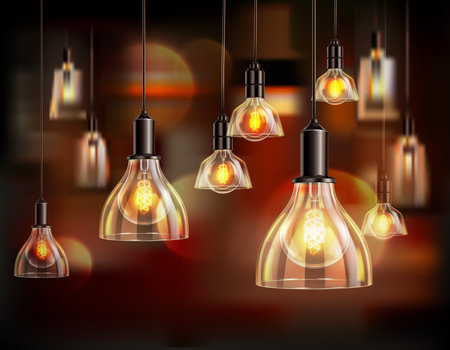 Vintage light bulbs realistic composition with blurry background and lots of hanging lamps with globe shades vector illustrationのイラスト素材