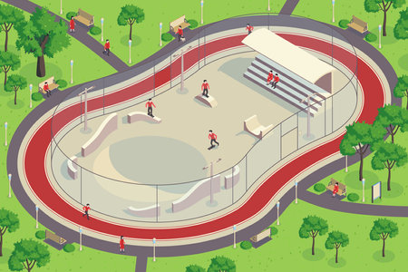 Isometric city park horizontal composition with outdoor view of quarter pipe playground with characters of skateboarders vector illustrationのイラスト素材