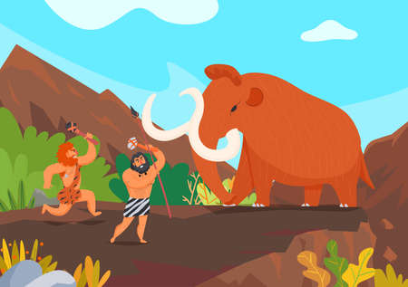Two primitive men hunting mammoth with stone weapons cartoon vector illustrationのイラスト素材