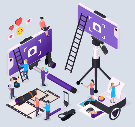Isometric composition with people taking photos and tools for mobile phones 3d vector illustrationのイラスト素材