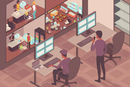Supermarket security background with guards watching visitors of store on monitor screen isometric vector illustrationのイラスト素材