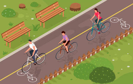 Three people riding bikes in park 3d isometric vector illustrationのイラスト素材