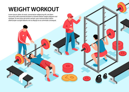 Isometric fitness sport horizontal background composition with editable text with gymnastic apparatus training specialists and sporting vector illustrationのイラスト素材