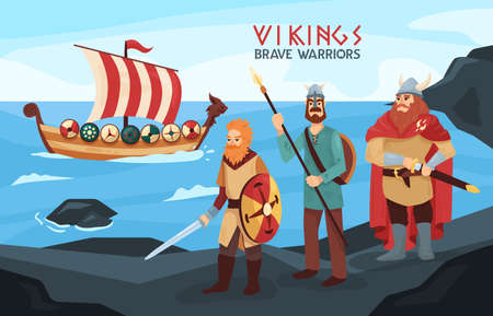 Armed viking brave warriors seafarers on black rocks seashore with raid ready longship on background vector illustrationのイラスト素材