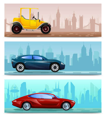 Flat set of three horizontal banners with car evolution symbols on background with cityscape isolated vector illustrationのイラスト素材