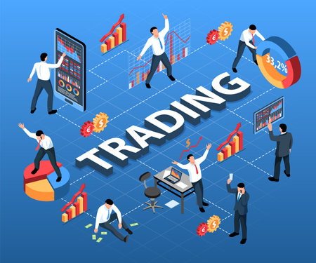 Isometric stock market exchange trading flowchart composition with infographic icons and signs human characters and text vector illustrationのイラスト素材