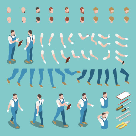 Isometric character constructor set with male heads arms legs bodies uniform and instruments isolated on blue background 3d vector illustrationのイラスト素材