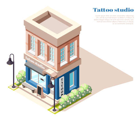 Ground floor tattoo body art studio   isometric view of 2 story stone town house building vector illustrationのイラスト素材