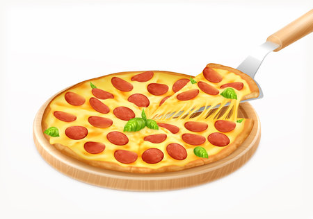Hot pizza with piece on board realistic composition with images of round wooden carving board with pizza vector illustrationのイラスト素材
