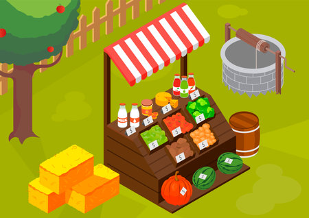 Farmers market isometric composition with outdoor view of wooden market stall with self-made farm products vector illustrationのイラスト素材