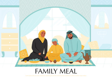 Flat arabs family meal composition with three people mother father and child eat food vector illustrationのイラスト素材