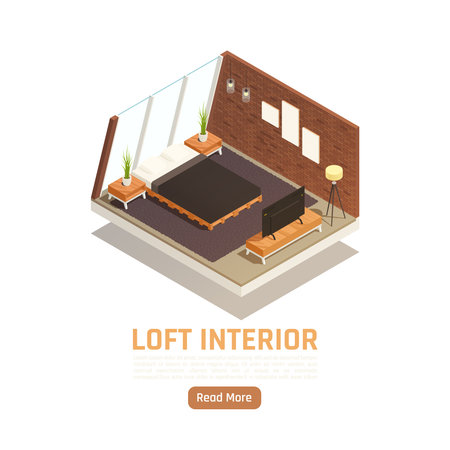 Modern loft apartment interior with glass window wall king size bed floor lamp isometric view vector illustrationのイラスト素材
