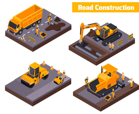 Colored road construction isometric icon set with workers four special yellow tracks vector illustrationのイラスト素材