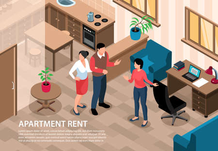 Isometric real estate horizontal indoor background with pieces of furniture and characters of agent and clients vector illustrationのイラスト素材