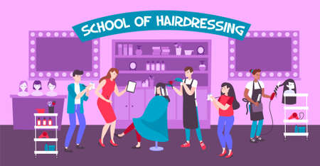 School of hairdressing horizontal illustration with students receiving practical competence from masters in barbershopのイラスト素材