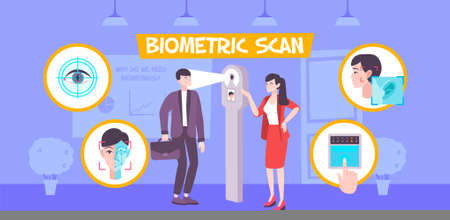 Biometric scan composition with indoor interior scanner of biometric data and characters of man and woman vector illustrationのイラスト素材