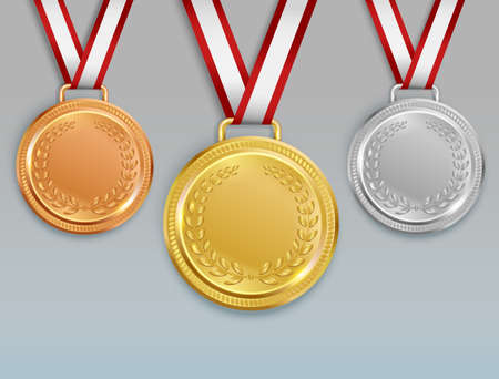 Medal realistic set with images of golden silver and bronze medals for competition winners with ribbons vector illustrationのイラスト素材