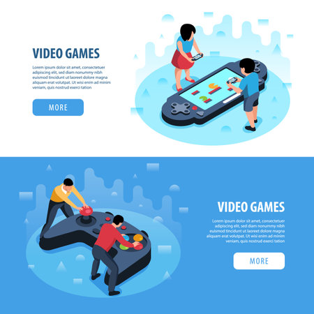 Set of two isometric video game horizontal banners with clickable buttons text people and joystick images vector illustrationのイラスト素材