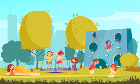 Children playing in summer city park flat composition with trees grass climbing wall carousel sandbox vector illustrationのイラスト素材