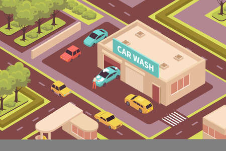 Man wearing uniform washing car next to garage 3d isometric vector illustrationのイラスト素材