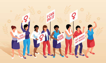 Isometric feminism horizontal composition with group of women holding placards with female gender symbol and text vector illustrationのイラスト素材