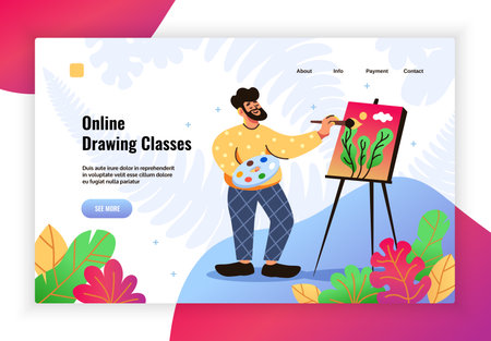 Hobbies online drawing classes flat colorful landing page banner with easel painting man in lounge wear vector illustrationのイラスト素材
