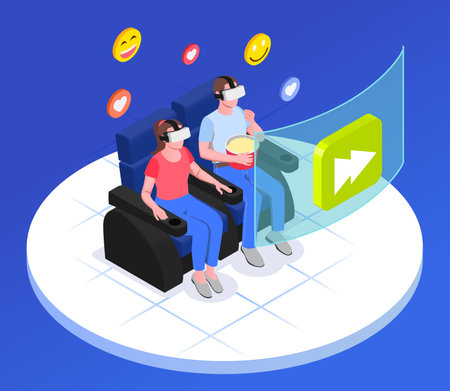 Virtual augmented reality isometric composition with couple sitting on sofa with emoticons popcorn and vr glasses vector illustrationのイラスト素材