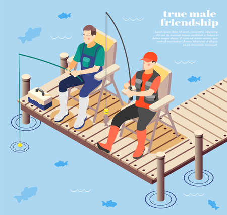 Ilustración de Isometric background with two true male friends fishing 3d vector illustration - Imagen libre de derechos