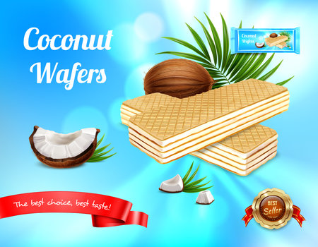 Wafer realistic advertisement background with leaves and ripe fruit with waffers and editable text with package vector illustrationのイラスト素材