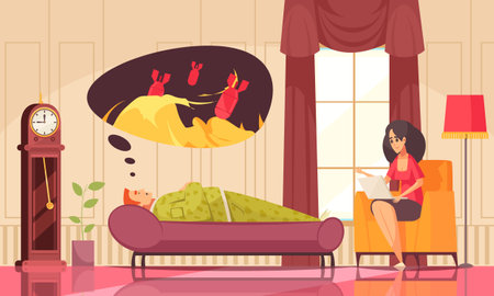 Psychotherapy session with therapist working with lying on couch client to overcome fear flat composition vector illustrationのイラスト素材