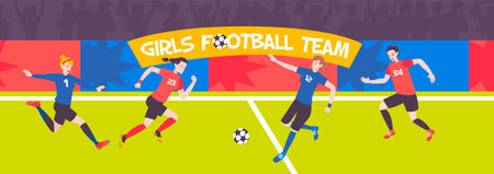 Football woman horizontal composition with stadium background silhouettes of fans and characters of girls with ball vector illustrationのイラスト素材