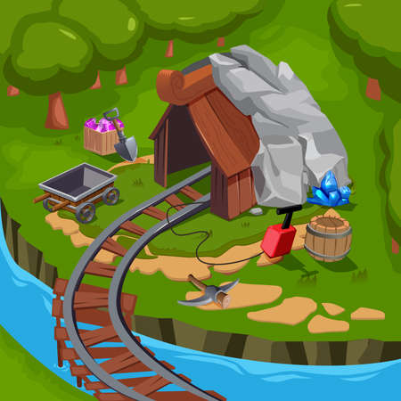 Colored cartoon mining game design composition landscape with mine and miners equipment vector illustrationのイラスト素材