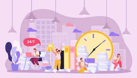 Flat composition with tired people working all day with papers vector illustrationのイラスト素材