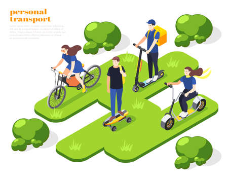 Men and women riding personal eco friendly transport in park isometric composition 3d vector illustrationのイラスト素材
