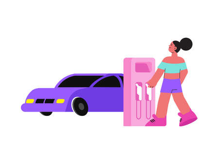 Flat woman character at petrol station vector illustrationのイラスト素材