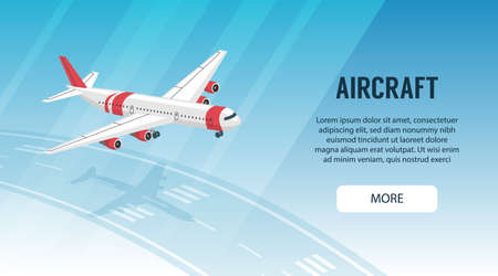 Horizontal banner with plane flying above airport takeoff runway 3d isometric vector illustrationのイラスト素材