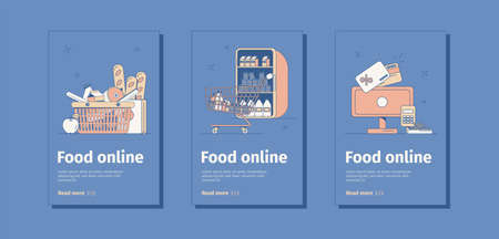 Flat composition of three food online banners with shopping cart trolley products cash desk isolated on blue background vector illustrationのイラスト素材