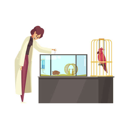 Happy woman in uniform feeding pets guinea pig and parrot cartoon vector illustrationのイラスト素材