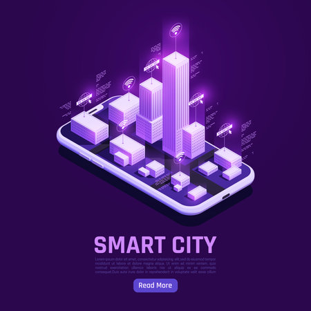 Design concept of smart city on screen of smartphone with Internet of things isometric  vector illustrationのイラスト素材